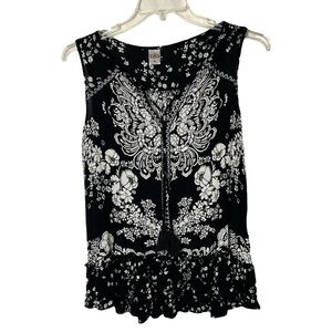 Bila | Black White Boho Mixed Flaoral Ruffled Tassel Tie Sleeveless Top, Medium